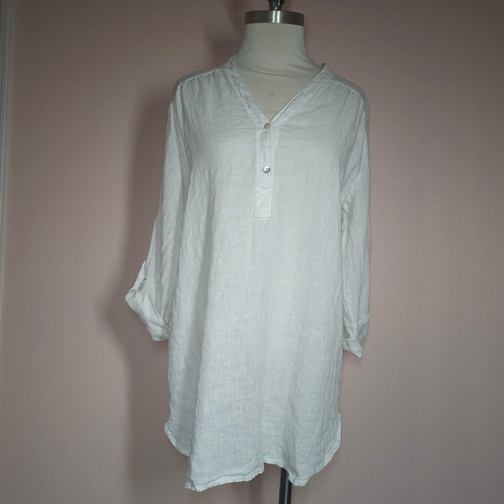 RoseMarine Italy 3/4 Roll Tab Sleeve White Pure Linen Large Henley Tunic Top New